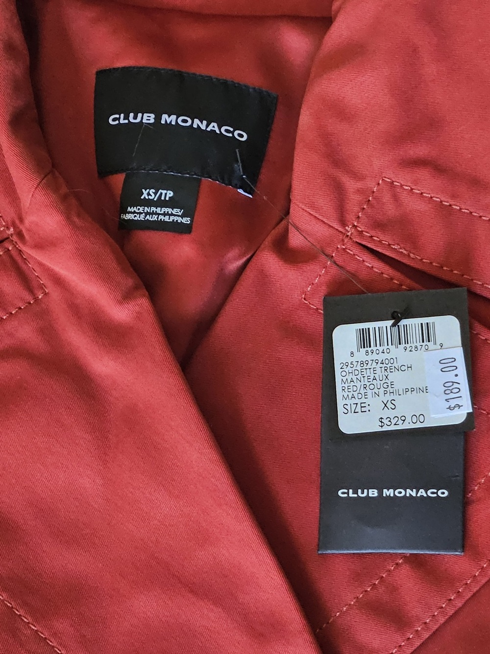 Club Monaco Double-Breasted Brick-Red Trench Coat - Picture 4 of 7
